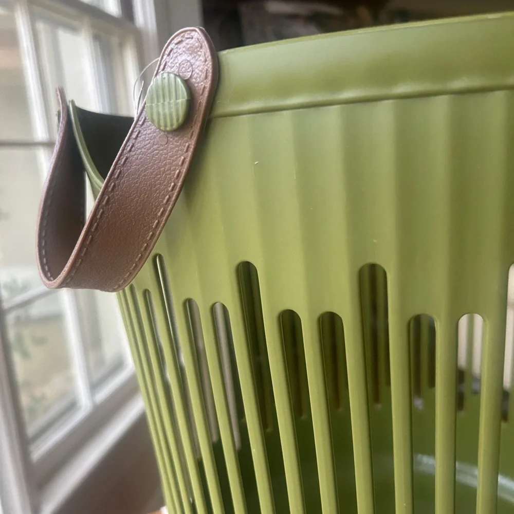 Viral JAPANDI Round Olive Green Storage Basket Leather Handles NEW
